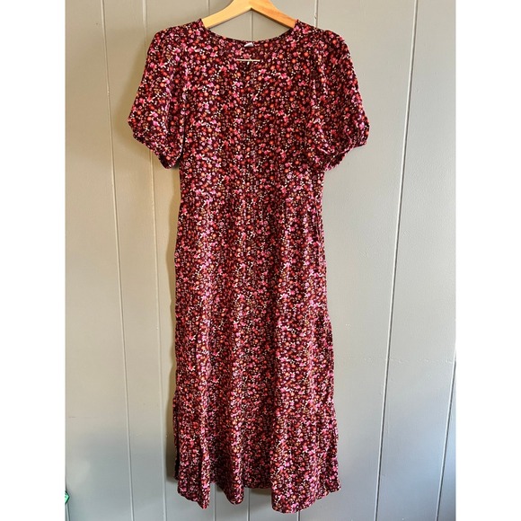 Old Navy Tall Floral Print Midi Dress Womens Short Sleeve Button Front V Neck - Picture 2 of 8